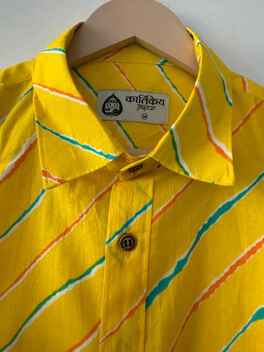 Lehariya Print Half Sleeve Cotton Shirt for Men - Haldi Ceremony
