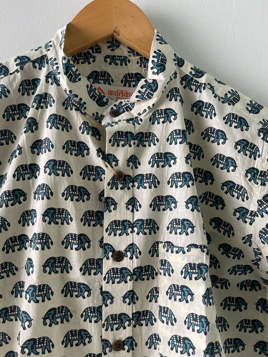 Small Elephant Print Cotton Shirt For Mens -SKY