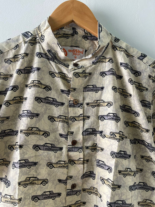 Vintage Car Print Half Sleeve Cotton Shirt For Men's - Grey