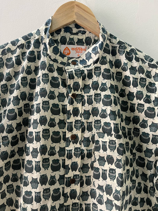 Cute Owl Print Cotton Half Sleeve Men Shirt - Dark Grey