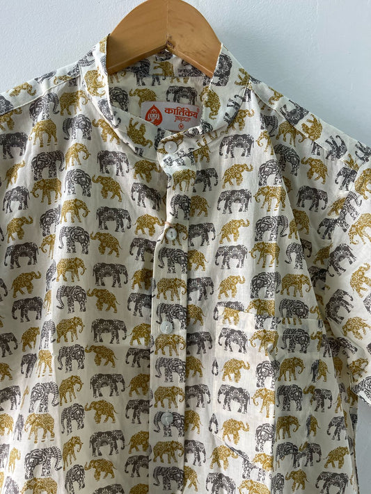 Small Elephant Print Cotton Shirt For Mens -Yellow