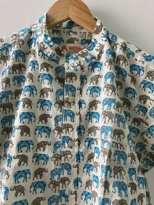 Small Elephant Print Cotton Shirt For Mens -Sky
