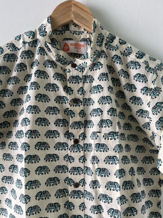Small Elephant Print Cotton Shirt For Mens -Light Grey