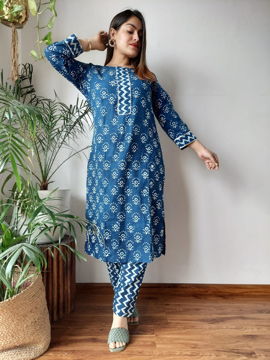 Handblock stitched cotton Kurtis with Pants