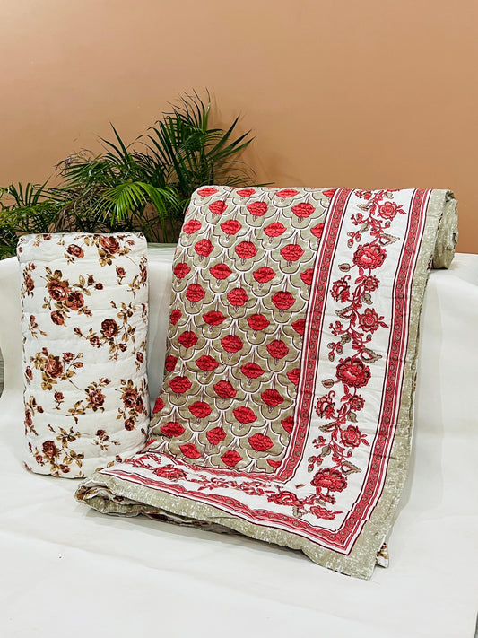 PREMIUM JAIPURI BLOCK DOUBLE BED HAND QUILT ( RAZAI ) 90X108