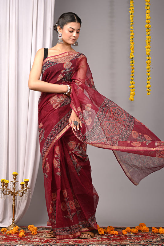 Kota Doria Bagru Printed Saree