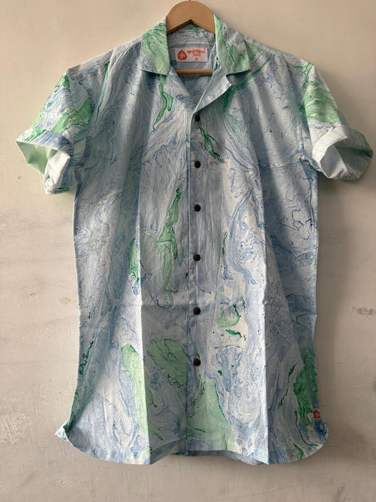Handcrafted Marble Block Print Cuban Collar Shirt for Men
