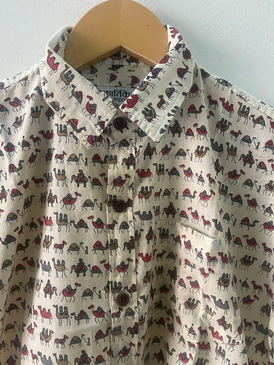 Camel Print Cotton Kids Shirt - Red- Oversized