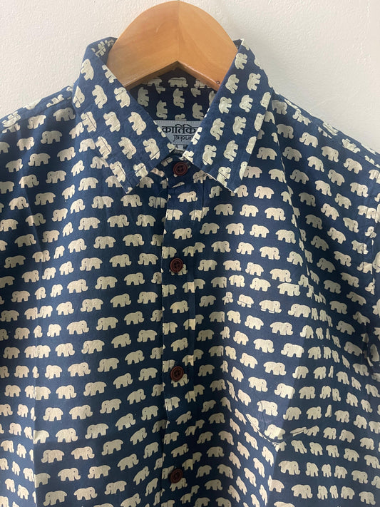 Cute Elephant Print Cotton shirt for kids - Blue- Oversized