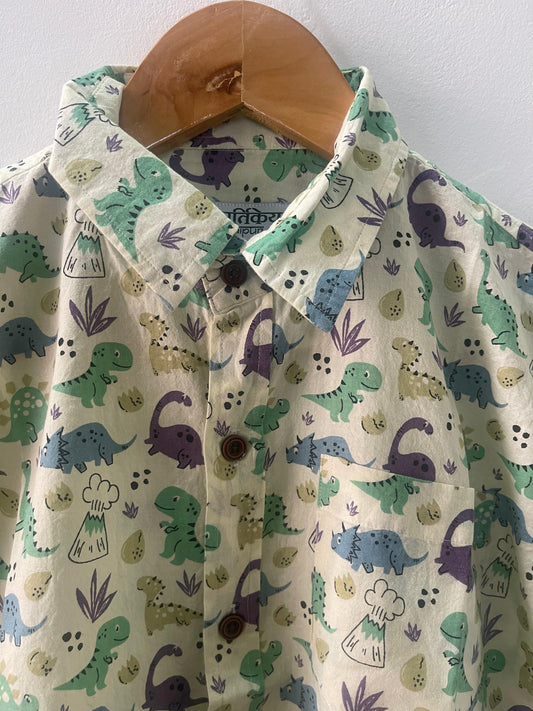 Cute Dino Hand Block Print Cotton Kids Shirt- Oversized