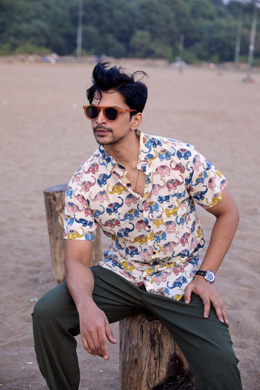 Quirky Elephant Print Cotton Half Shirt for Men