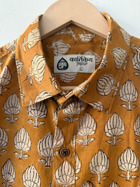 Mustard Block Print Classic Cotton Shirt for Men