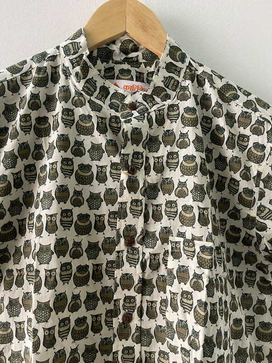 Cute Owl Print Cotton Half Sleeve Men Shirt - Mehendi
