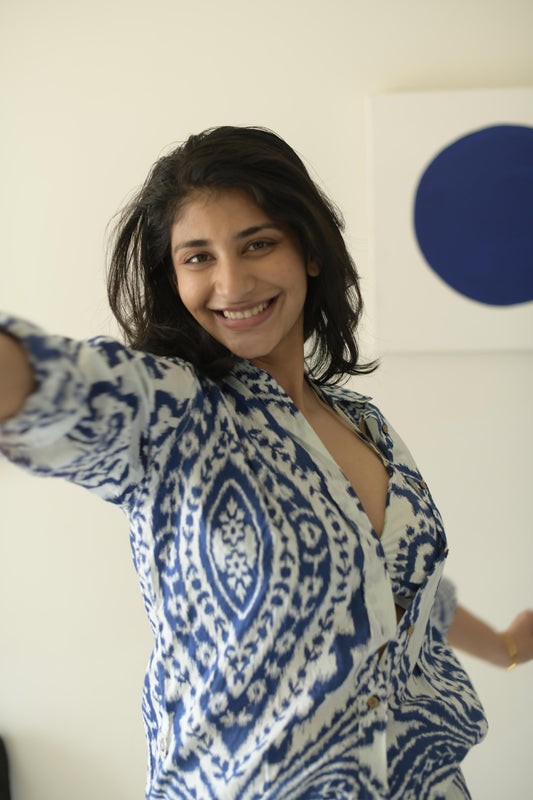 Indigo Cotton Women Oversized Shirt with Bralette Combo