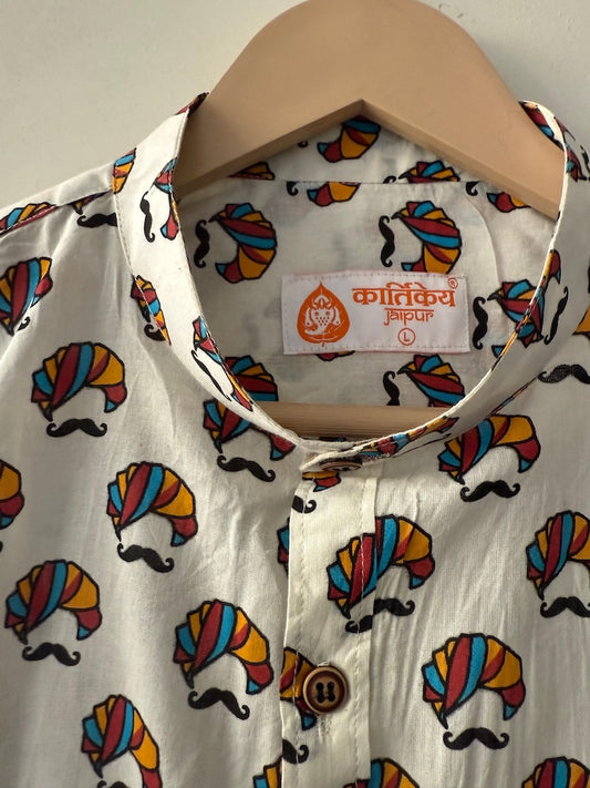 Mandarin Collar Traditional Print Cotton Shirt for Men