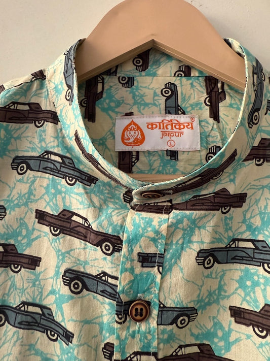 Mandarin Collar Vintage Car Print Cotton Shirt for Men