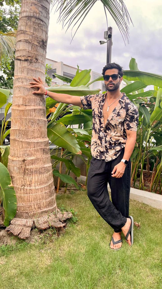 Black Abstract Floral Cotton GOA Shirt By Kartikeya Jaipur