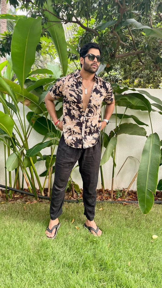 Black Abstract Floral Cotton GOA Shirt By Kartikeya Jaipur