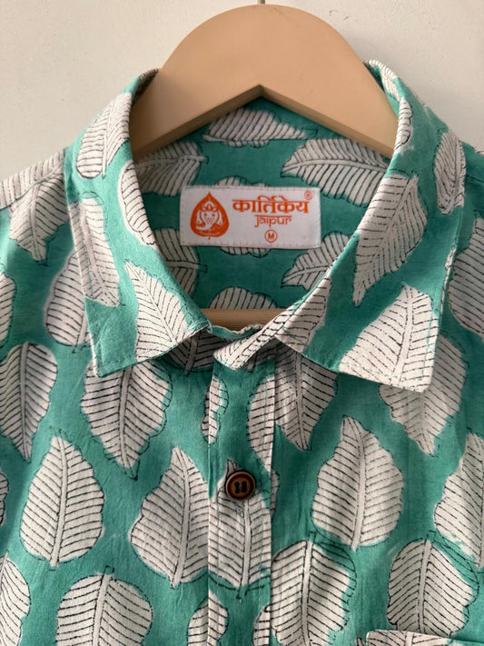 Ethnic Green Floral Block Print Cotton Shirt