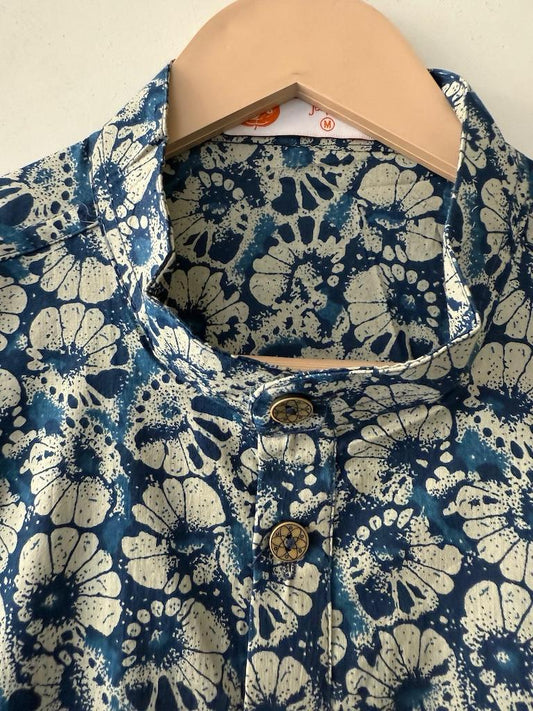 Natural Indigo Print Cotton Classic Short Kurta for Men