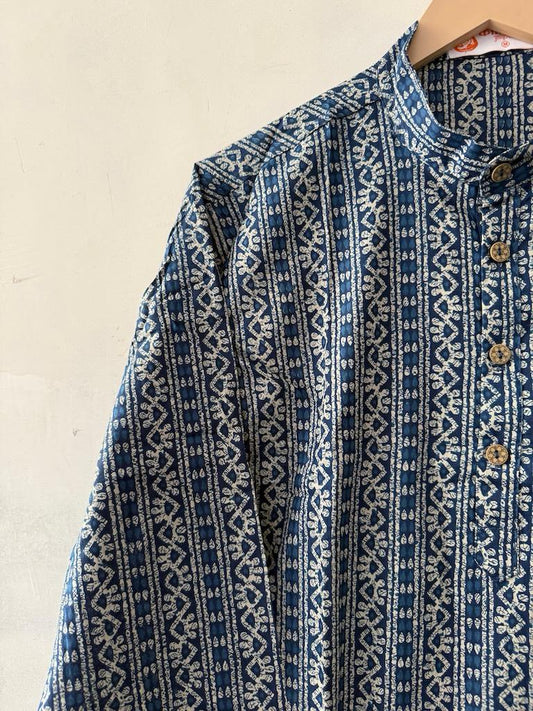 Natural Indigo Print Cotton Classic Short Kurta for Men