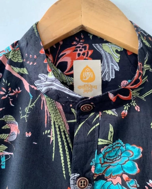 Jungle Print Cotton Full Sleeve Shirt for Men - Mandarin Collar