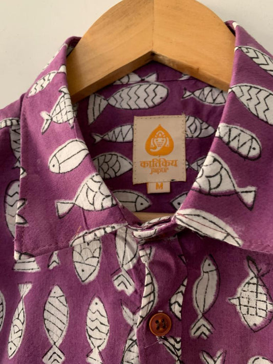 Purple Hand Block Fish Print Cotton Shirt for Men