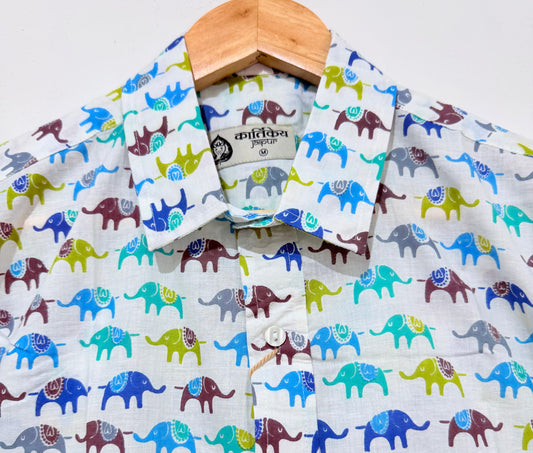 Traditional Multicolor Elephant Print Half Sleeve Shirt for Men