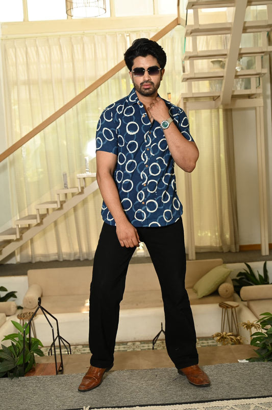 Block Print Plus Size Classic Indigo Cotton Shirt for Men