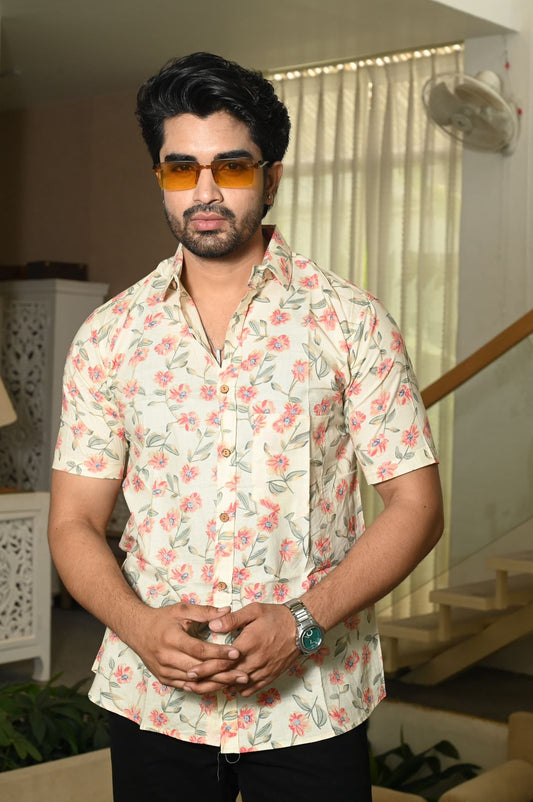 Classic Floral Hand Block Plus Size Cotton Shirt for Men