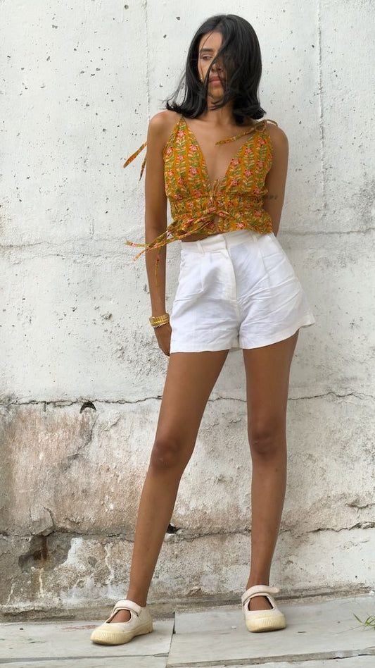 Floral Print Cotton Drawstring Lace Bralette Top