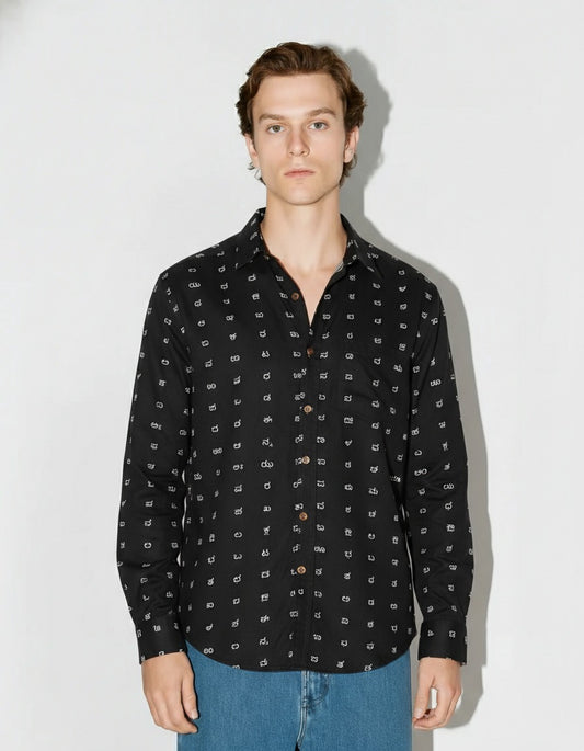 Classic Kannada Alphabets Print Cotton Men's Full Sleeve Shirt - BLACK