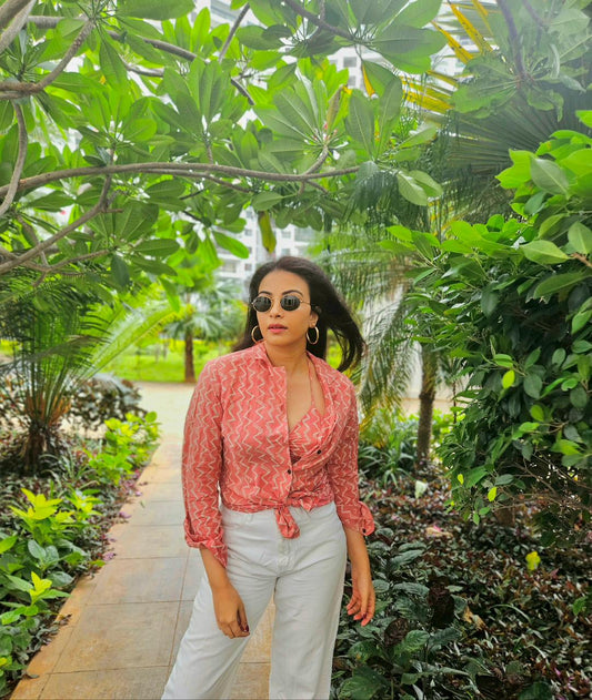 Block Print Women Oversized Shirt with Bralette Combo X Kavya Shetty