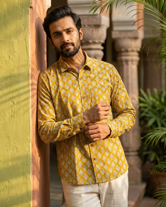 Floral Print Casual Shirt for Men By Kartikeya Jaipur - Mehendi
