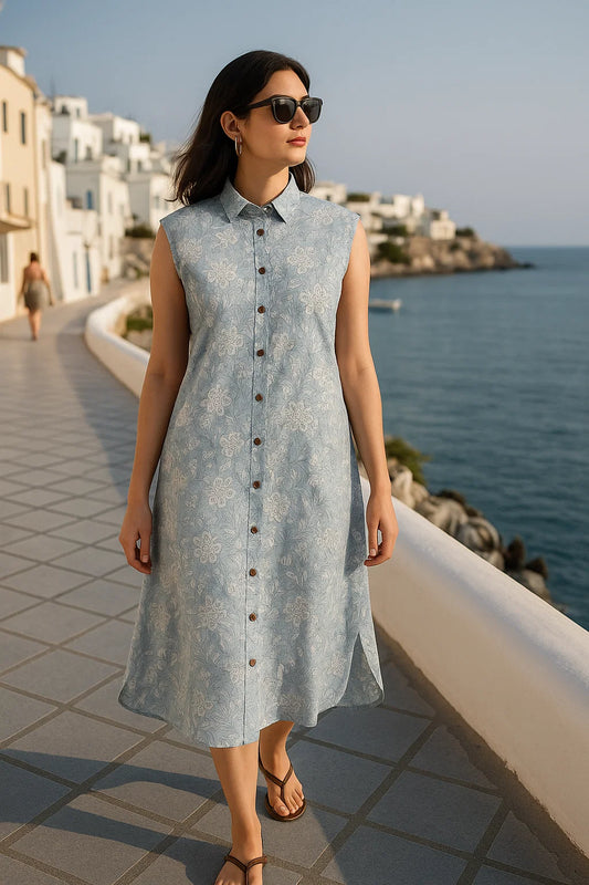 Women's Long Cotton Shirt Dress - Sleeveless Style
