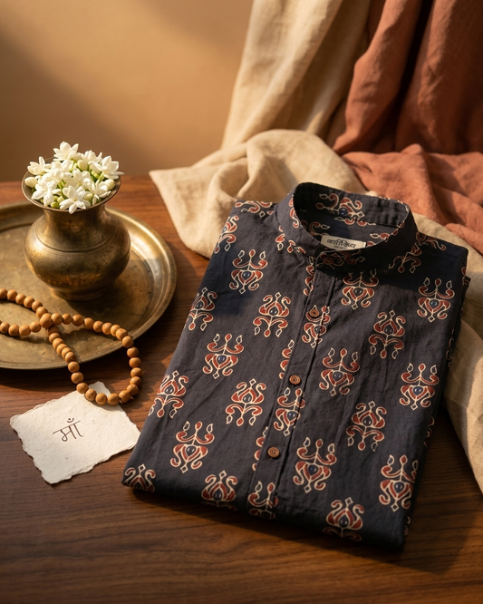 Ajrakh Print Mandarin Collar Cotton Shirt for Men - Black