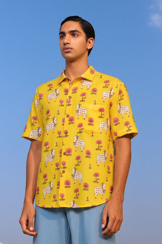 Mens Pichwai Yellow Cow Print Cotton Shirt