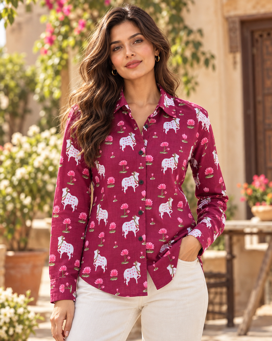 Womens Pichwai Cow Print Cotton Full Sleeves Shirt
