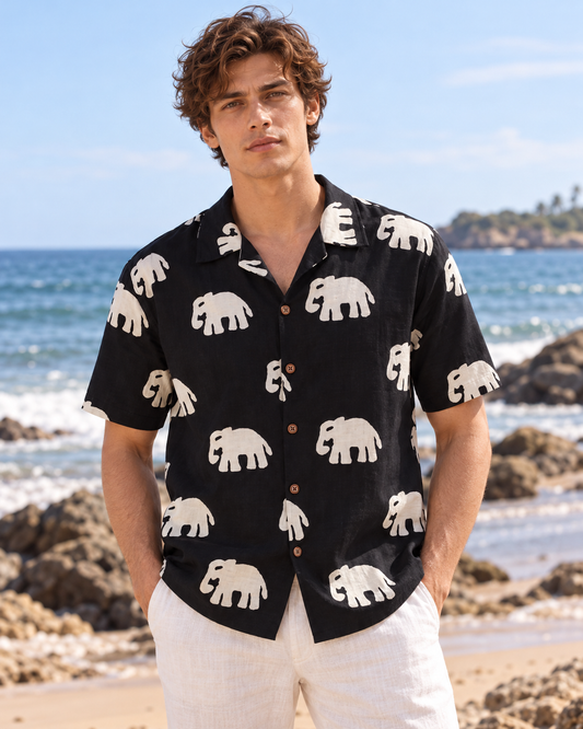 Elephant Print Bold Black Cuban Collar Shirt