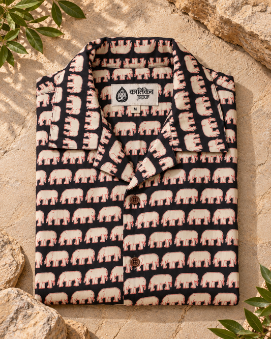 Black Camp Collar Elephant Print Cotton Men's Shirt