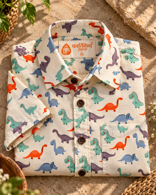 Cute Dino Print Cotton Shirt for Men by Kartikeya Jaipur