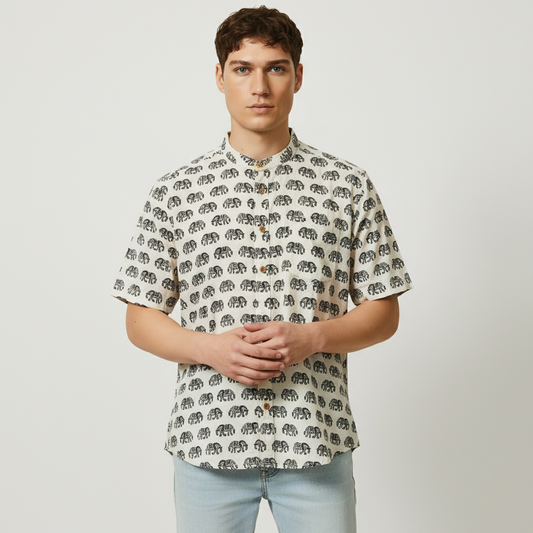 Traditional Elephant Print Cotton Shirt For Mens - Green