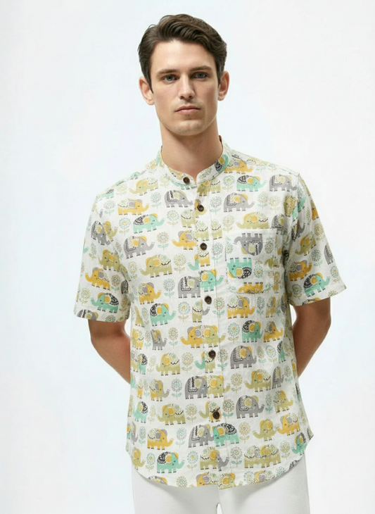 Mandarin Collar Elephant Print Cotton Shirt For Mens - Green