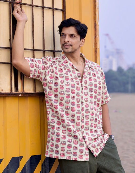 Magenta Owl Print Cuban Cotton Shirt for Men