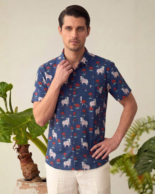 Blue Mens Pichwai Cow Half Sleeve Shirt ( Pre Book - Dispatch by 20th June )