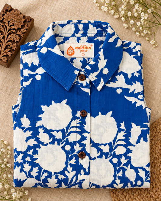 Blue Abstract Floral Long Shirt Dress - Indigo