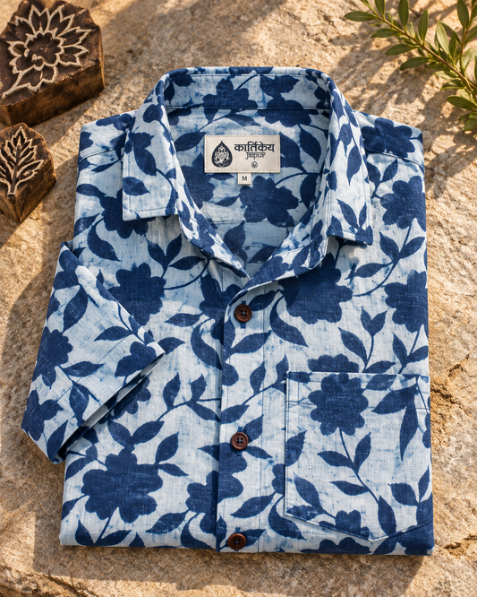 Kartikeya Jaipur Natural Print Indigo Half Sleeves Shirt -Organic ( Pre Book - Dispatch by 5TH NOV )