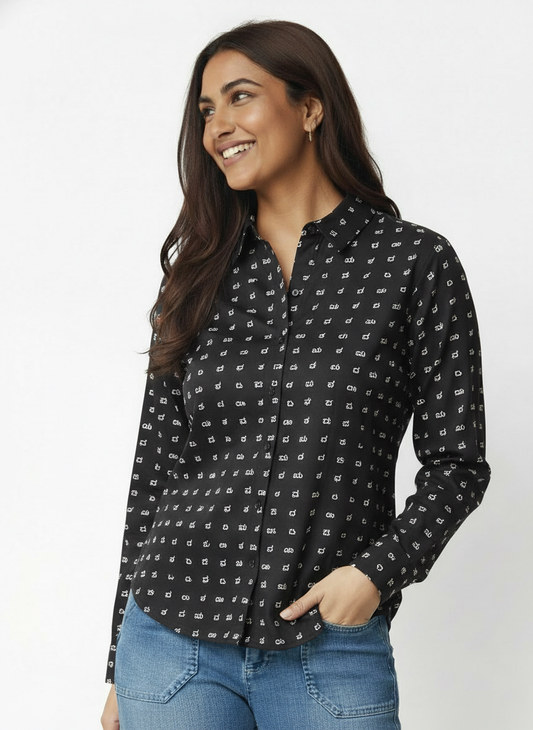 Kannada Alphabet Full Sleeves Classic Shirt for Women - BLACK