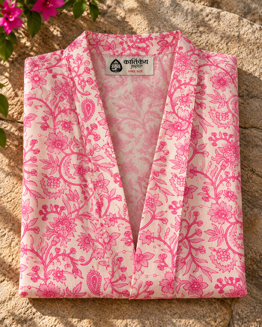 Pink Block Printed Cotton Short Kimono for Women