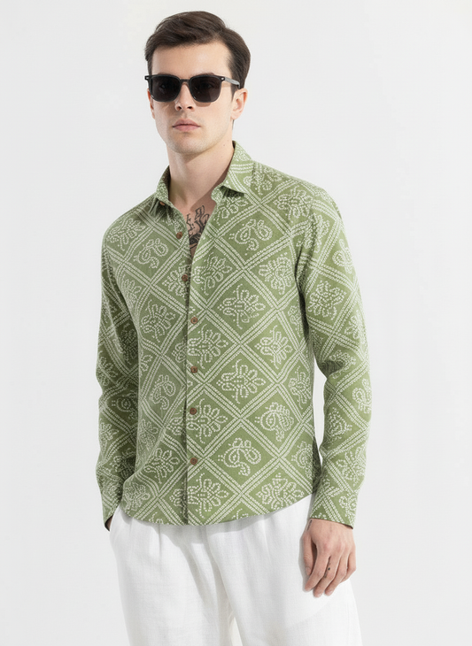 Bandhej Full Sleeves Printed Shirt For Men (Granite Green)